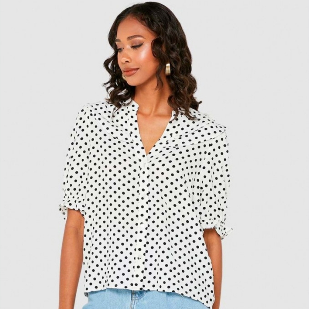 Topshop Petite White Polka Dot Blouse 0